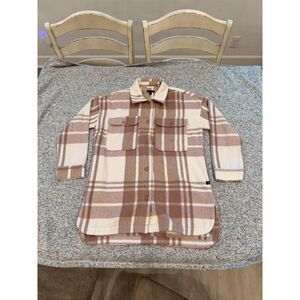 Banana Republic Long Plaid Overshirt Shacket Tan/Cream Button Front Size M